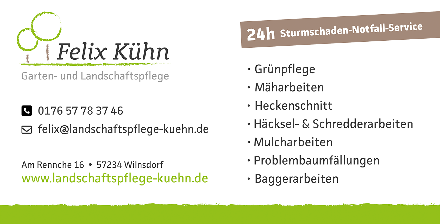 Felix Kühn - Grünpflege, Mäharbeiten, Heckenschnitt, Häckselarbeiten, Schredderarbeiten, Mulcharbeiten, Problembaumfällungen, Baggerarbeiten, 24h Sturmschaden-Notfall-Service in Wilnsdorf, Siegen und Umgebung