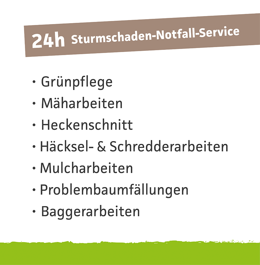 Felix Kühn - Grünpflege, Mäharbeiten, Heckenschnitt, Häckselarbeiten, Schredderarbeiten, Mulcharbeiten, Problembaumfällungen, Baggerarbeiten, 24h Sturmschaden-Notfall-Service in Wilnsdorf, Siegen und Umgebung